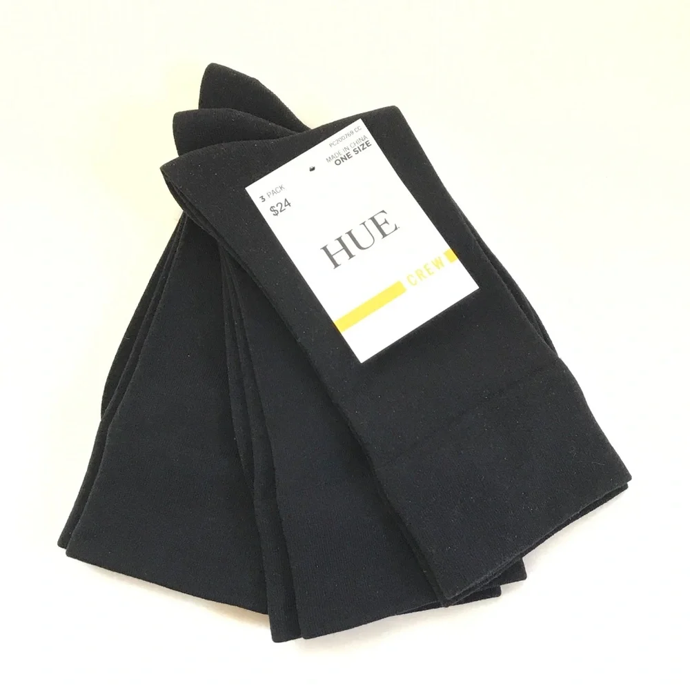 HUE Women's Crew Socks 3-Pk Black NWT